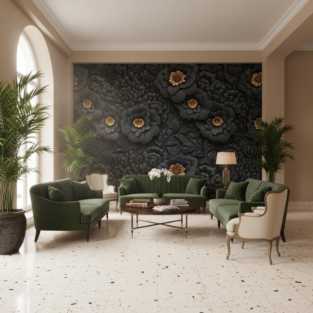 Floral Wallpaper Peel and Stick Black Mural Gold Wall Decor - Etsy