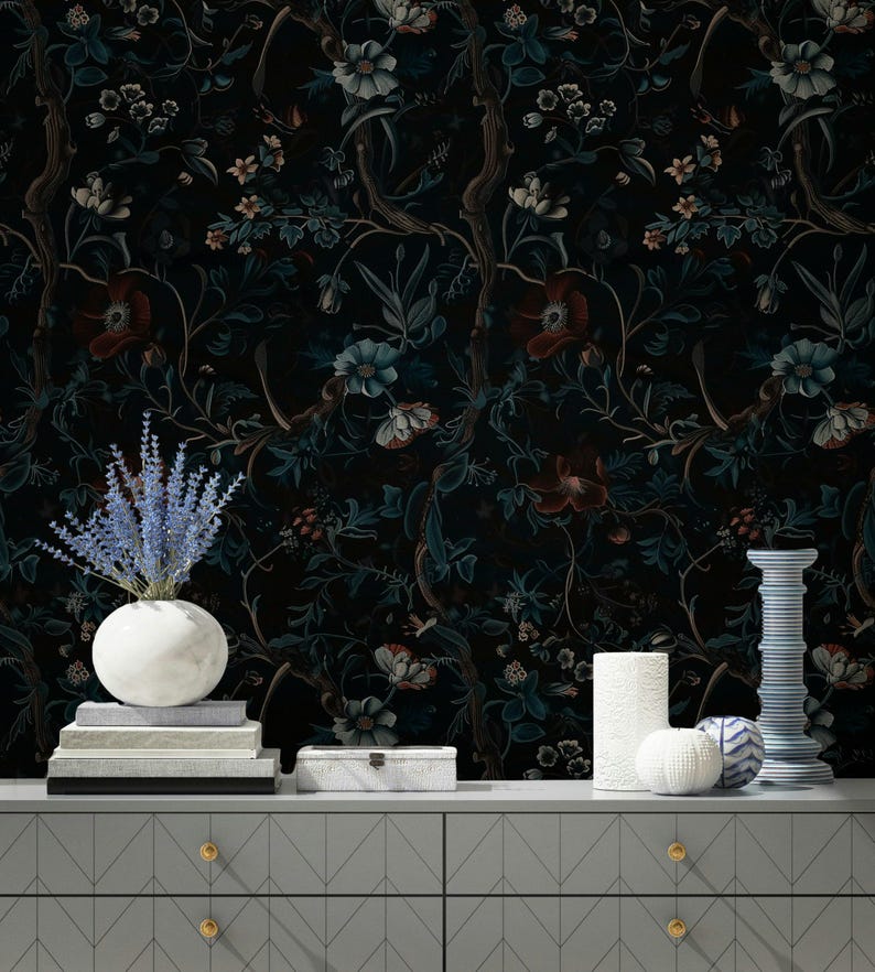 Dark Floral Botanical Wallpaper - Black Background, Intricate Flowers ...