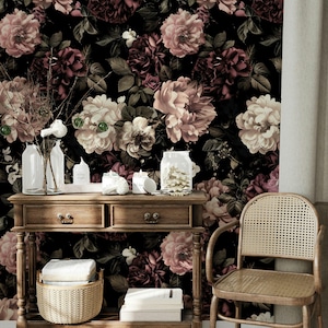 Vintage Floral Wallpaper, Dark Background with Pink and Burgundy Roses Romantic Spring Flower Pattern Elegant Wall Decor for Living Room image 4