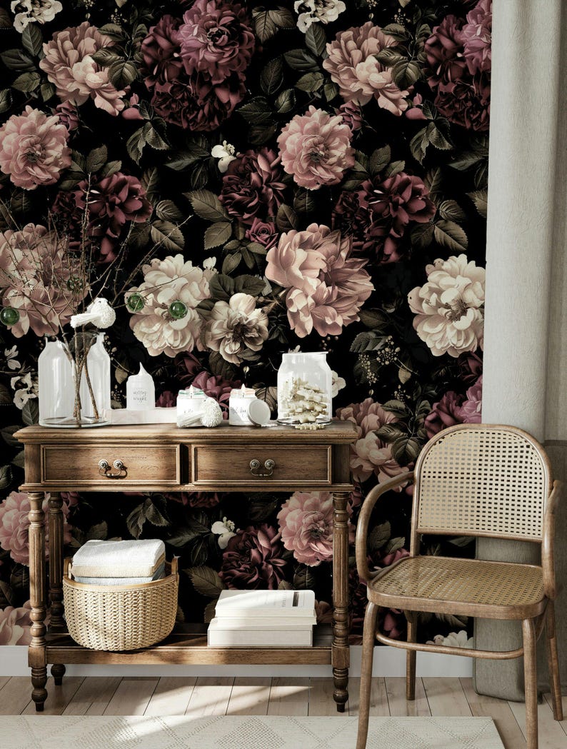 Vintage Floral Wallpaper, Dark Background with Pink and Burgundy Roses Romantic Spring Flower Pattern Elegant Wall Decor for Living Room image 4