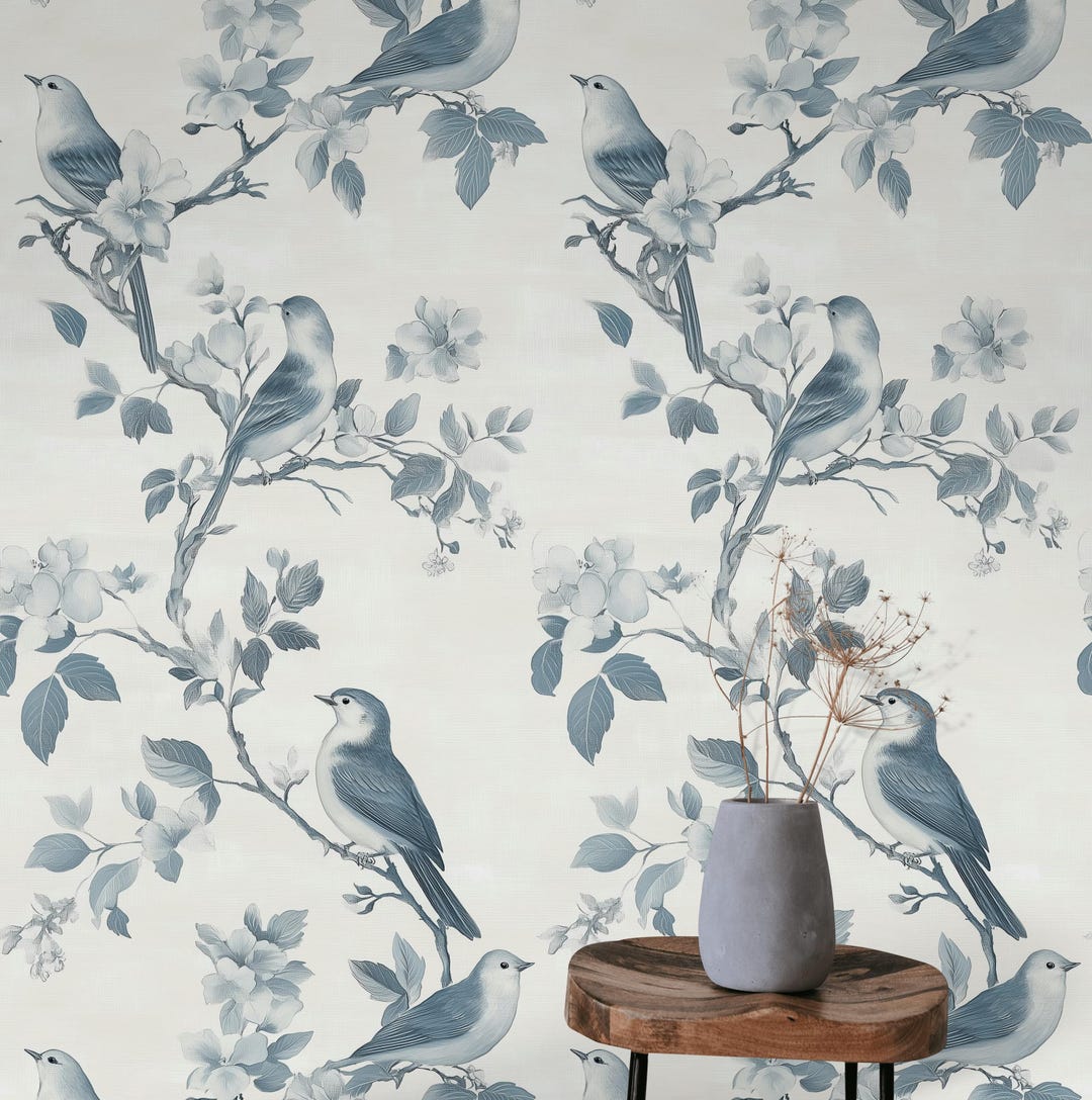 Blue Birds and Cherry Blossoms Wallpaper - Chinoiserie Style Wall Mural ...