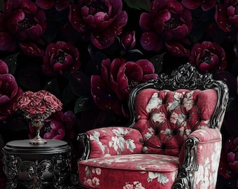 Burgundy Peony Peel And Stick Wallpaper Dark Floral Mural Bold Wall Decor