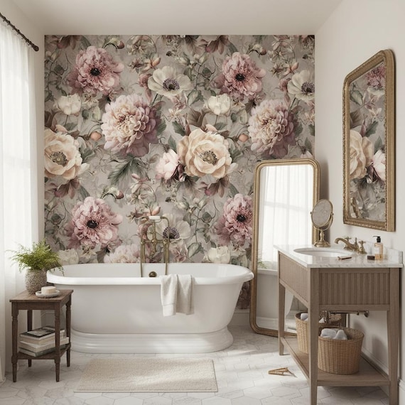 Blumentapete Schälen und Aufkleben Vintage Wandbild Beige Wanddekor