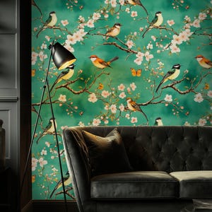 Bird And Blossom Peel And Stick Wallpaper Vintage Songbird Mural Pastel Tree Wall Decor
