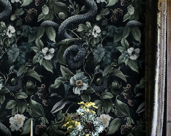 Dark Botanical Wallpaper with Serpentine Design, Moody Floral Decor Peel and Stick