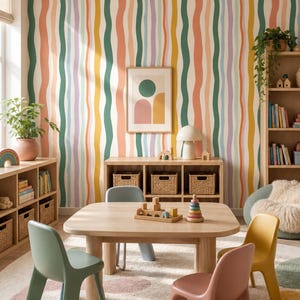 Può includere: Carta da parati con strisce verticali ondulate nei toni del verde, giallo, pesca e lavanda. Il motivo si ripete sulla parete, creando un design ritmico e fluido. I colori sono tenui e delicati, offrendo uno sfondo decorativo uniforme.