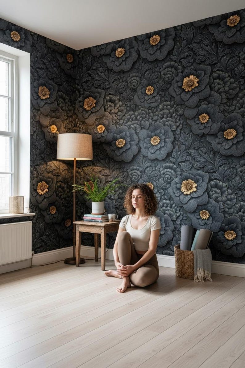 Floral Wallpaper Peel and Stick Black Mural Gold Wall Decor - Etsy