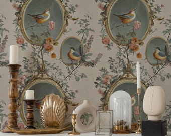 Vintage Bird Art Wallpaper Romantic Floral Design Peel and Stick Elegant Bird Print Wall Mural Victorian Style Wall Decor