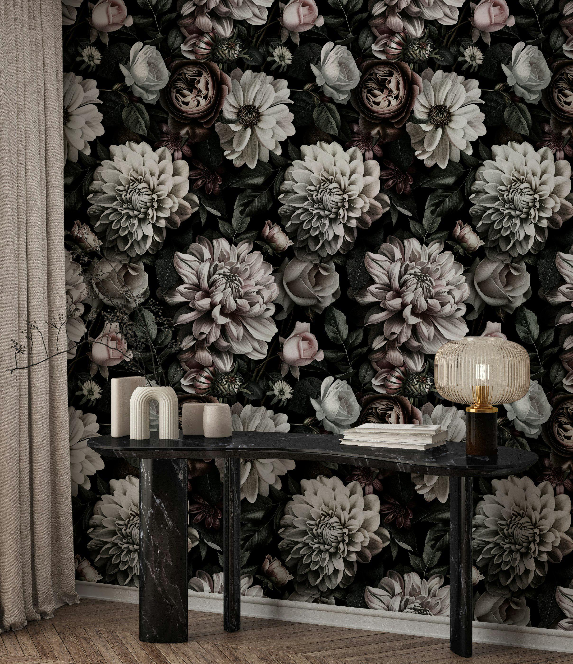 Dark Floral Wallpaper Vintage Blooms Mural Moody Botanical Wall Decor ...