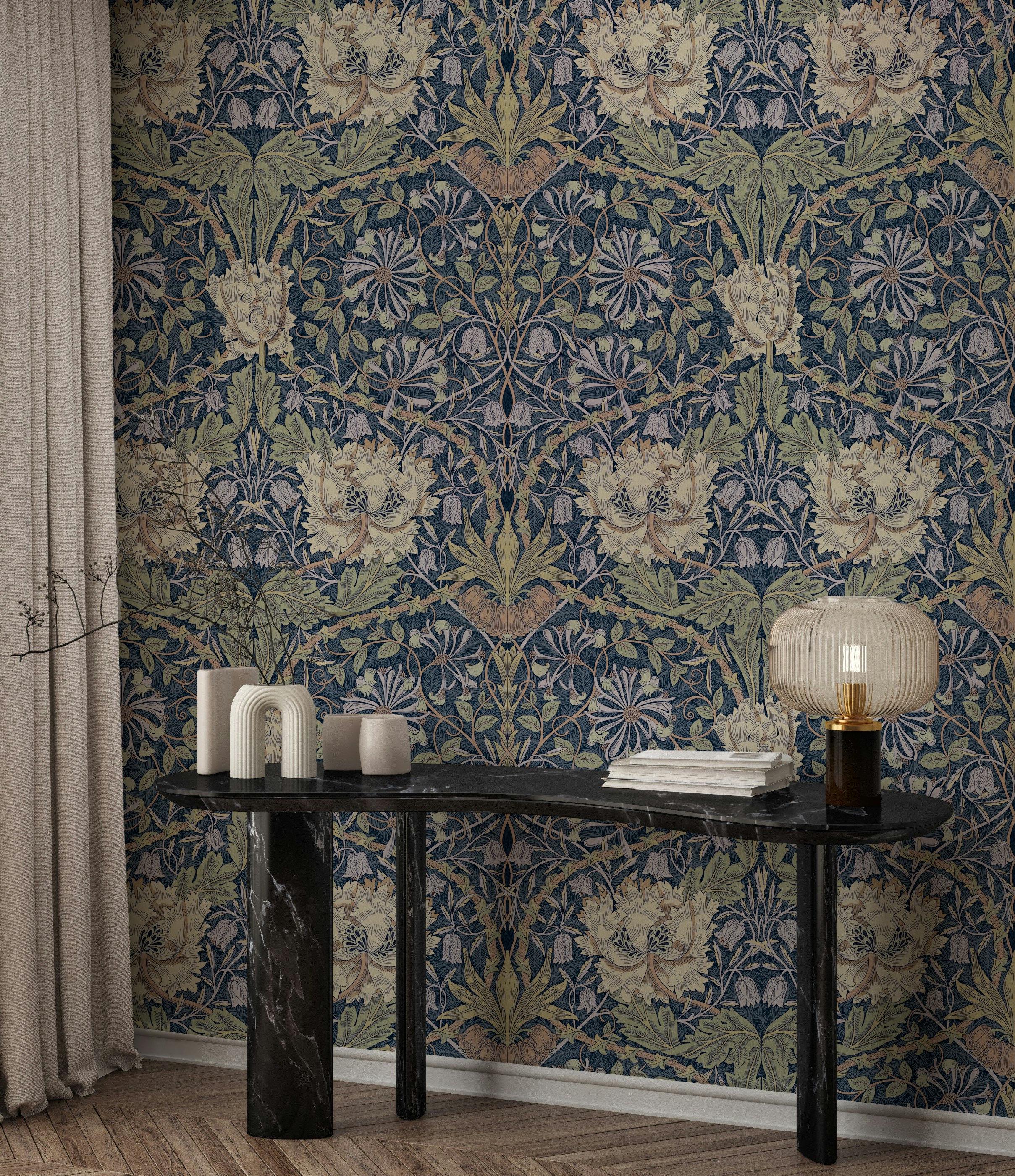 William Morris Honeysuckle Trellis Wallpaper - Papyrus on Madder