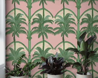 Palmen Torbogen Tropische Tapete | Pink & Grün Abnehmbares Wandbild für einen Retro Küstenlook