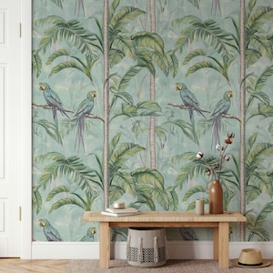 Carta da parati con pappagalli tropicali e palme, murale staccabile e attaccabile con scena di giungla verde, decorazione da parete con natura esotica per camera da letto