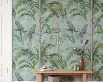 Tropische Papageien und Palmen Tapete Grüne Dschungel-Szene zum Schälen und Aufkleben-Wandbild, exotische Natur-Wanddekoration für Schlafzimmer