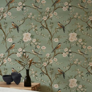 Charming Bird and Blossom Wallpaper Peel and Stick Elegant Green Botanical Mural for Sophisticated Wall Mural