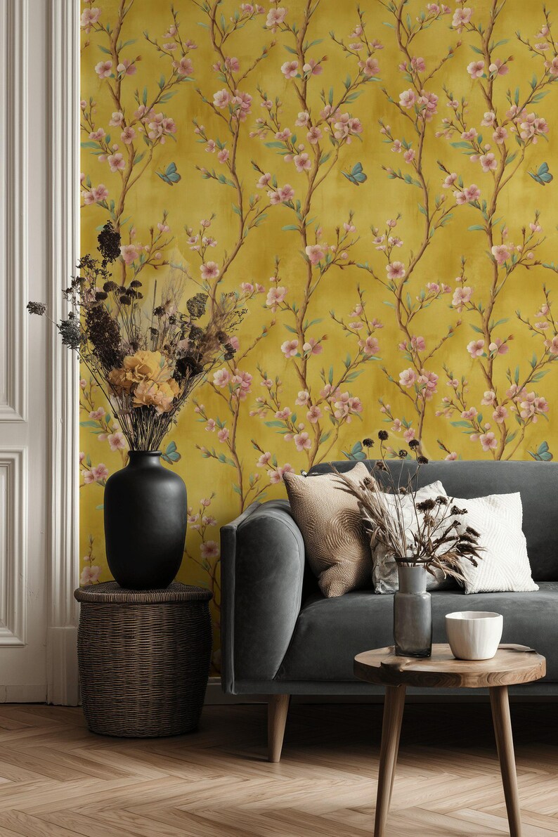 Golden Floral Wallpaper Peel and Stick Blossom Mural Butterfly Wall ...