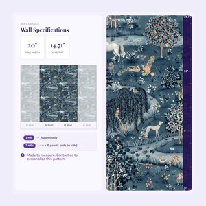 The image is a wall specification for a wall with a detailed pattern of a forest scene, including animals, trees, and flowers. The wall is described as having a roll width of 20" and a height of 14" with a v. replacement of 17". The wall is also shown as having a panel size of 1" and a panel size of 2". The image is a collage of multiple images, and the text indicates that the wall is made to measure, and the viewer is advised to contact the manufacturer for personalized information.