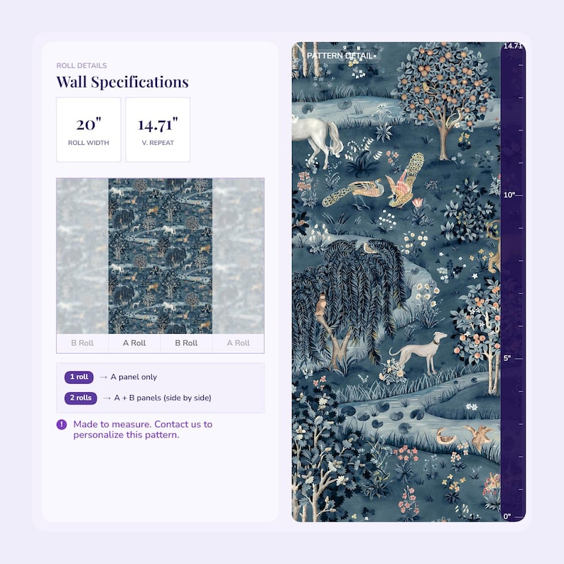 The image is a wall specification for a wall with a detailed pattern of a forest scene, including animals, trees, and flowers. The wall is described as having a roll width of 20" and a height of 14" with a v. replacement of 17". The wall is also shown as having a panel size of 1" and a panel size of 2". The image is a collage of multiple images, and the text indicates that the wall is made to measure, and the viewer is advised to contact the manufacturer for personalized information.