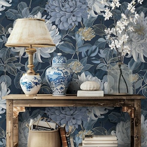 Elegant Blue Floral Wallpaper with Large Chrysanthemums for Sophisticated Peel and Stick Mural