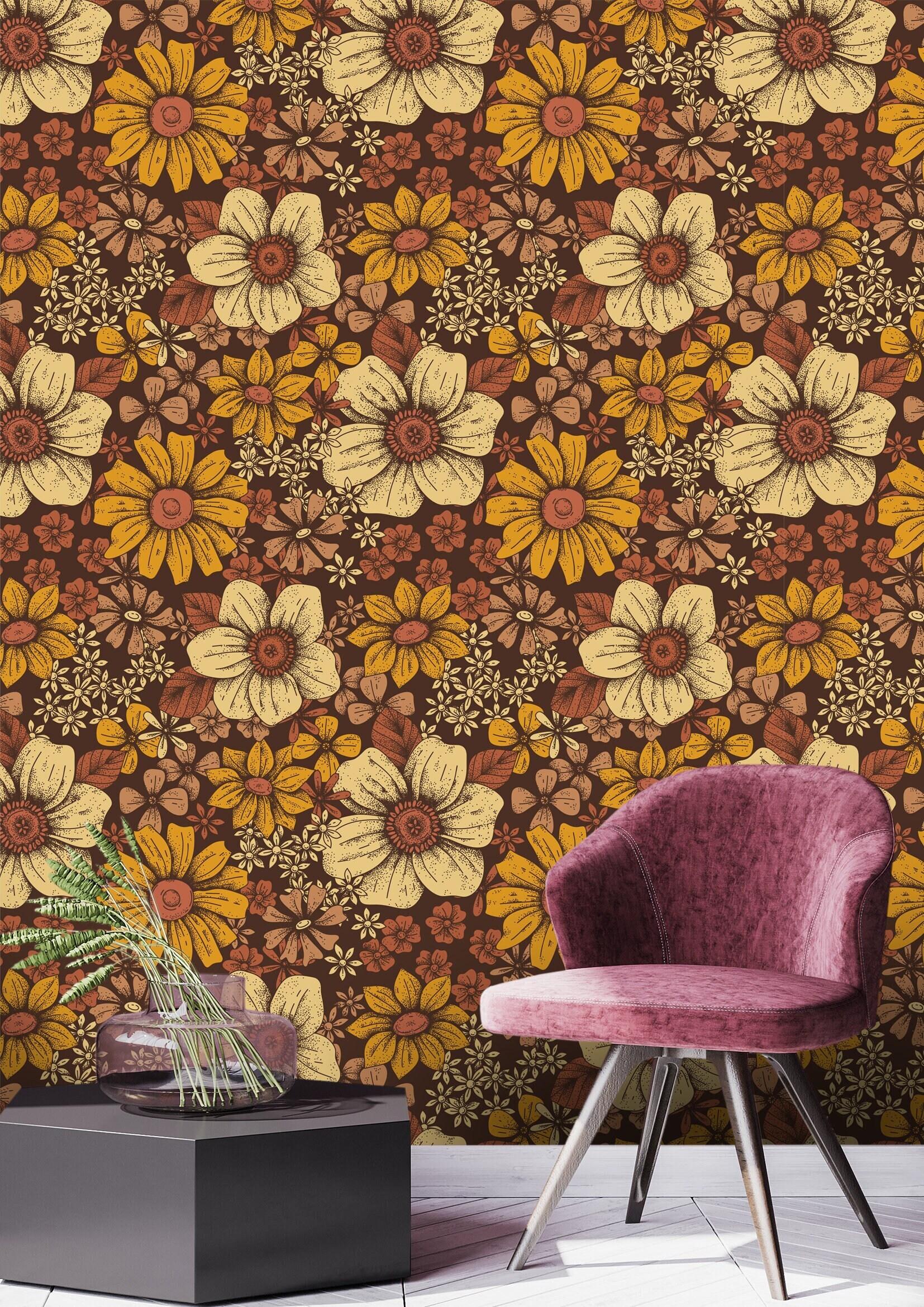 Retro Floral Peel and Stick Wallpaper Pattern Removable Etsy