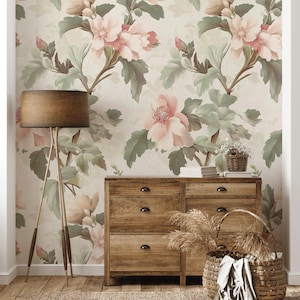 Romantic Blush Floral Wallpaper - Vintage Botanical Pattern - Soft Pink and Sage Green Garden Mural