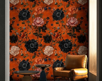 Bold Floral Wallpaper Black Peony Wall Mural For Accent Wall Dark Orange Peel And Stick Wall Decor