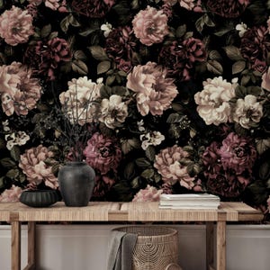 Vintage Floral Wallpaper, Dark Background with Pink and Burgundy Roses Romantic Spring Flower Pattern Elegant Wall Decor for Living Room image 2