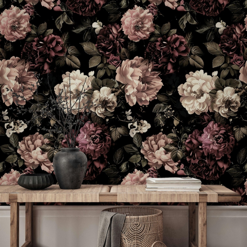 Vintage Floral Wallpaper, Dark Background with Pink and Burgundy Roses Romantic Spring Flower Pattern Elegant Wall Decor for Living Room image 2