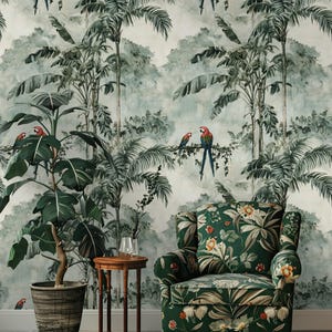Carta da parati con pappagalli esotici della giungla verde, murale tropicale staccabile e attaccabile per camera da letto, decorazione murale con fogliame lussureggiante