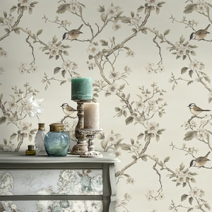 Elegant Bird and Blossom Wallpaper Peel and Stick Chinoiserie Floral Mural for Bedroom Decor