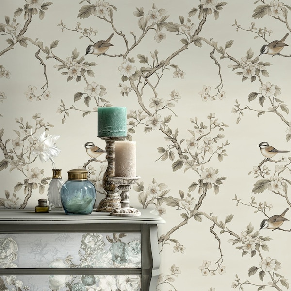 Elegant Bird and Blossom Wallpaper Peel and Stick Chinoiserie Floral Mural for Bedroom Decor