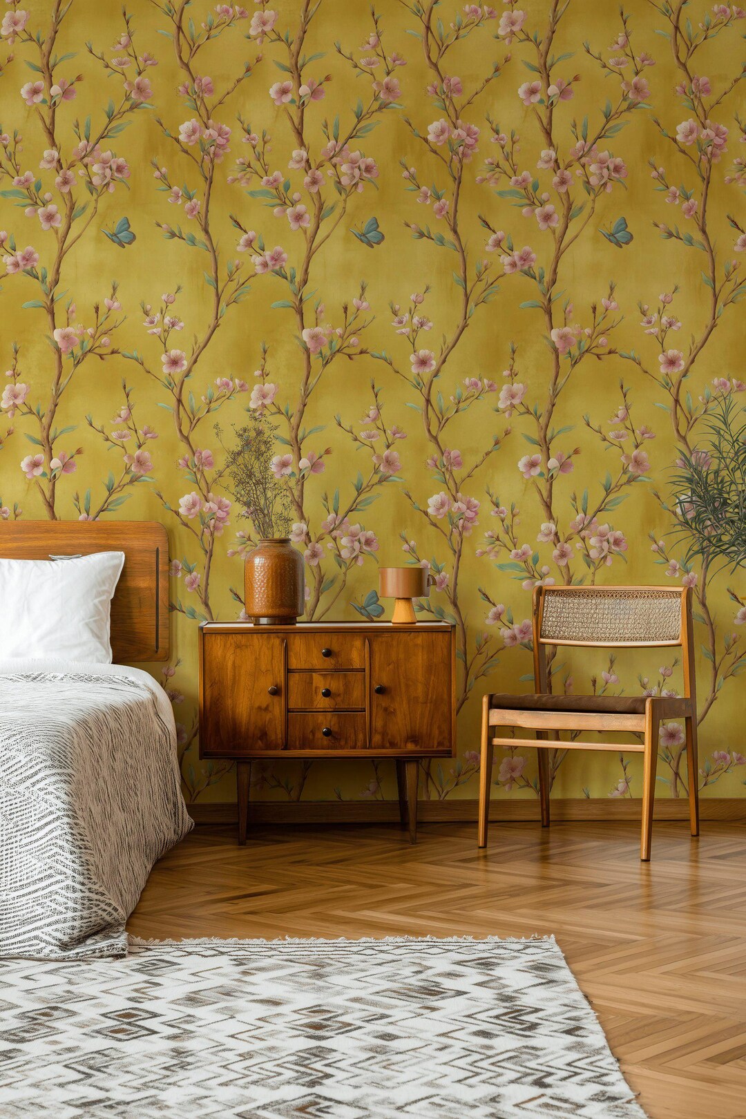 Golden Floral Wallpaper Peel and Stick Blossom Mural Butterfly Wall ...