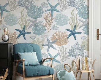 Papel pintado de estrellas de mar costeras, mural de coral autoadhesivo, decoración de pared oceánica