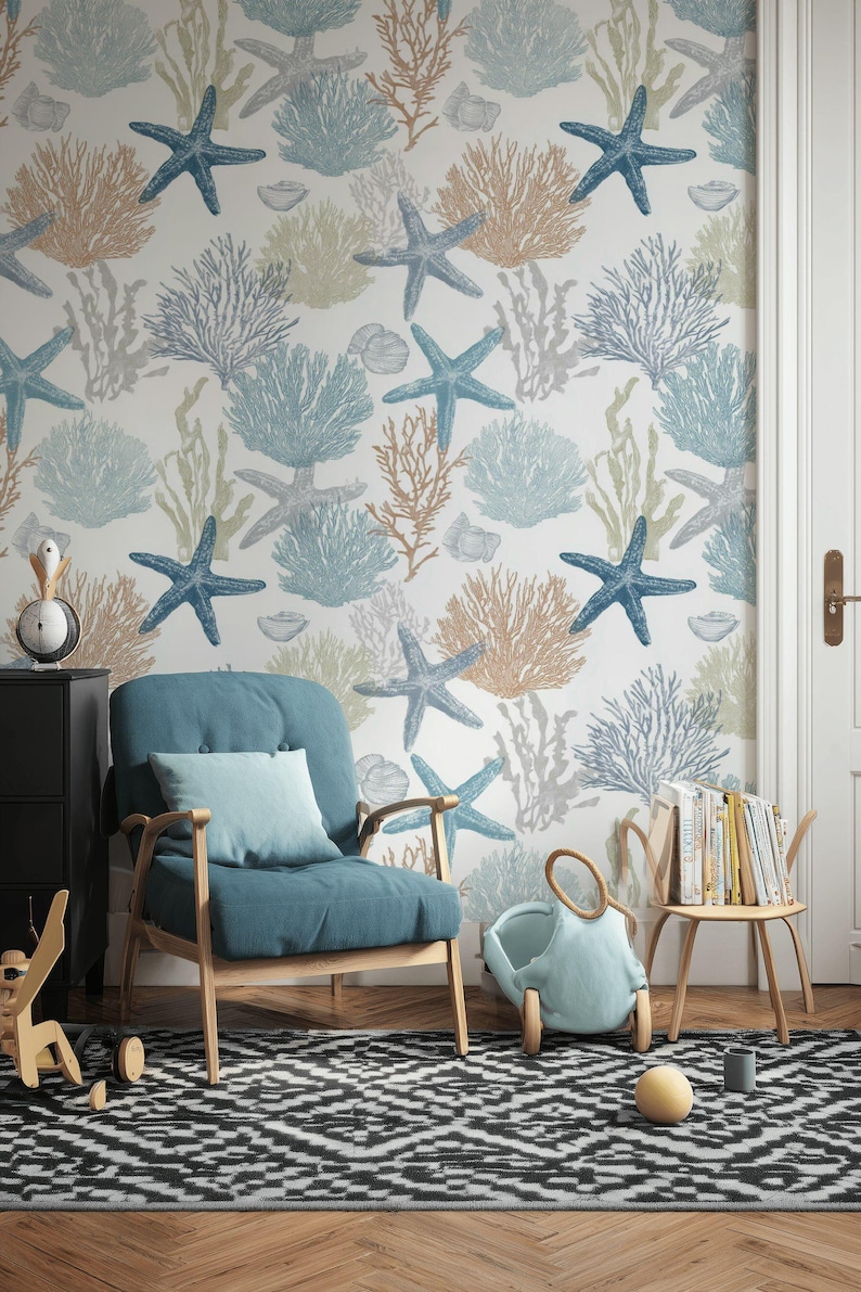 Coastal Starfish Wallpaper Peel and Stick Coral Mural Ocean Wall Decor ...