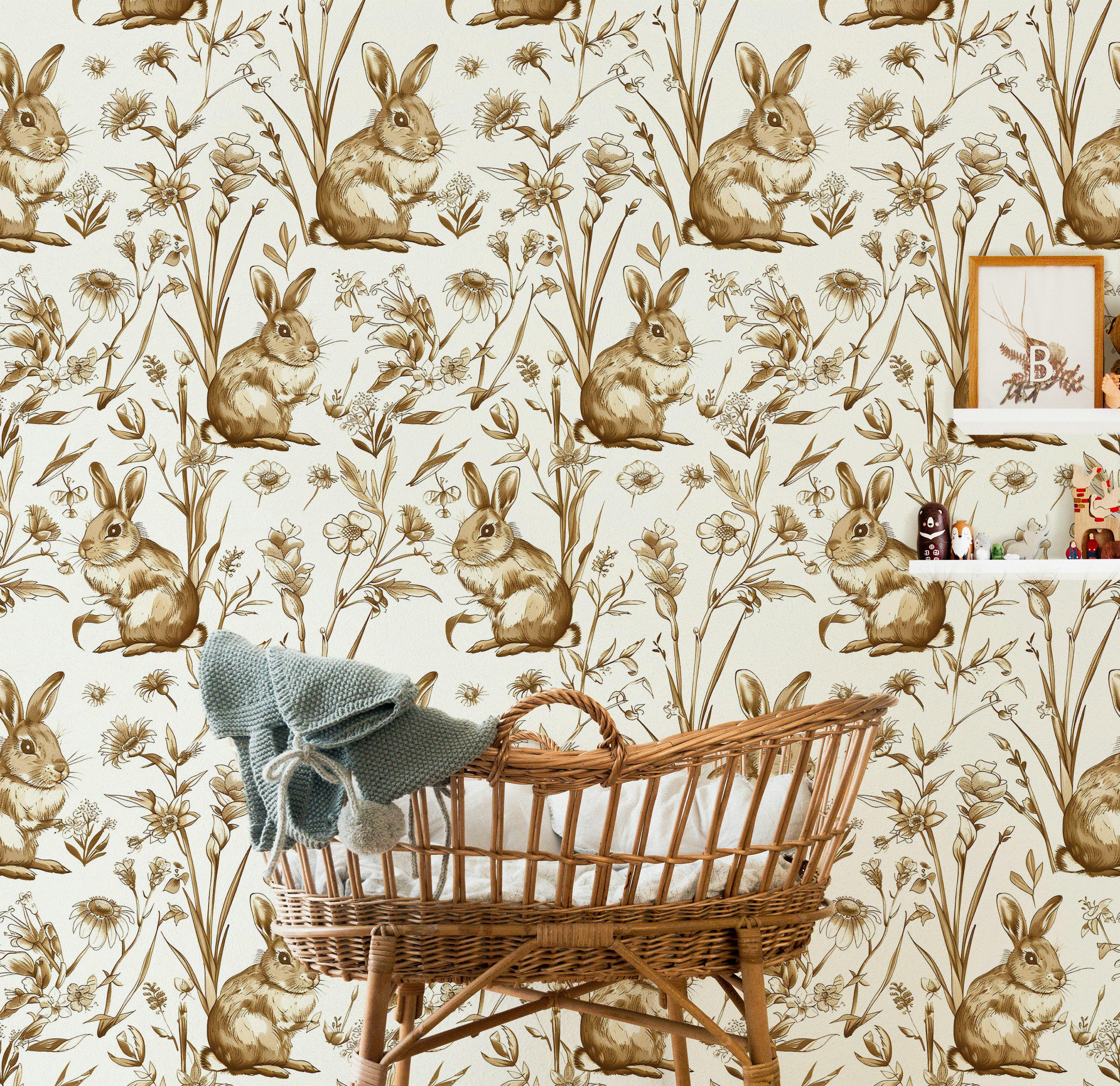 Sepia Point Rabbit Vintage Rabbit and Wildflower Wallpaper, Sepia Tone Woodland Animal ...
