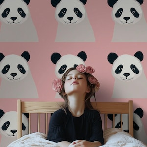 Mural de pared con bonito diseño de panda para habitación de niños, decoración de habitación infantil en color rosa
