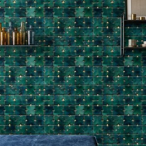 May include: Wallpaper featuring a repeating pattern of square, deep green tiles with a glossy finish. Each tile has a slightly raised, rounded center and a small, bright gold-colored accent at the intersection of every four tiles.