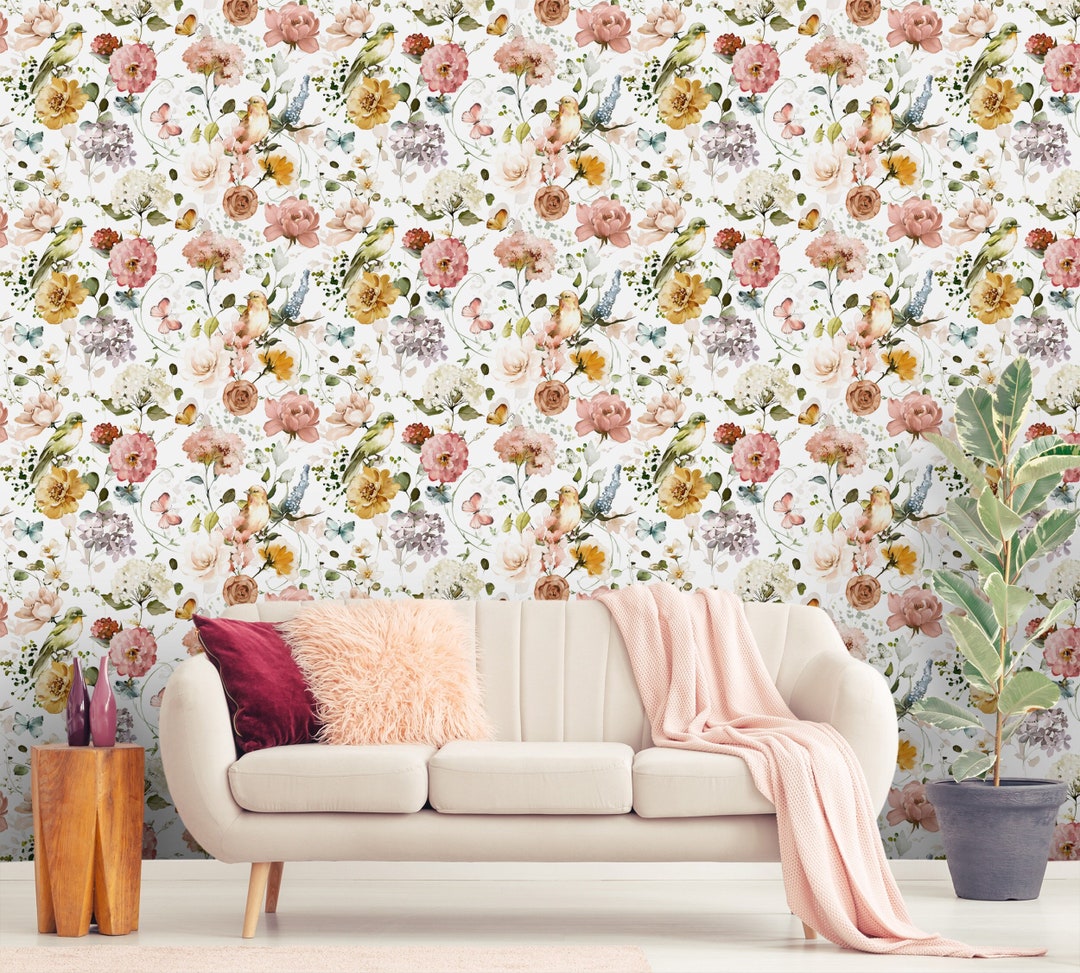 Watercolor Wallpaper Floral Wall Mural Flowers Peel and Stick - Etsy