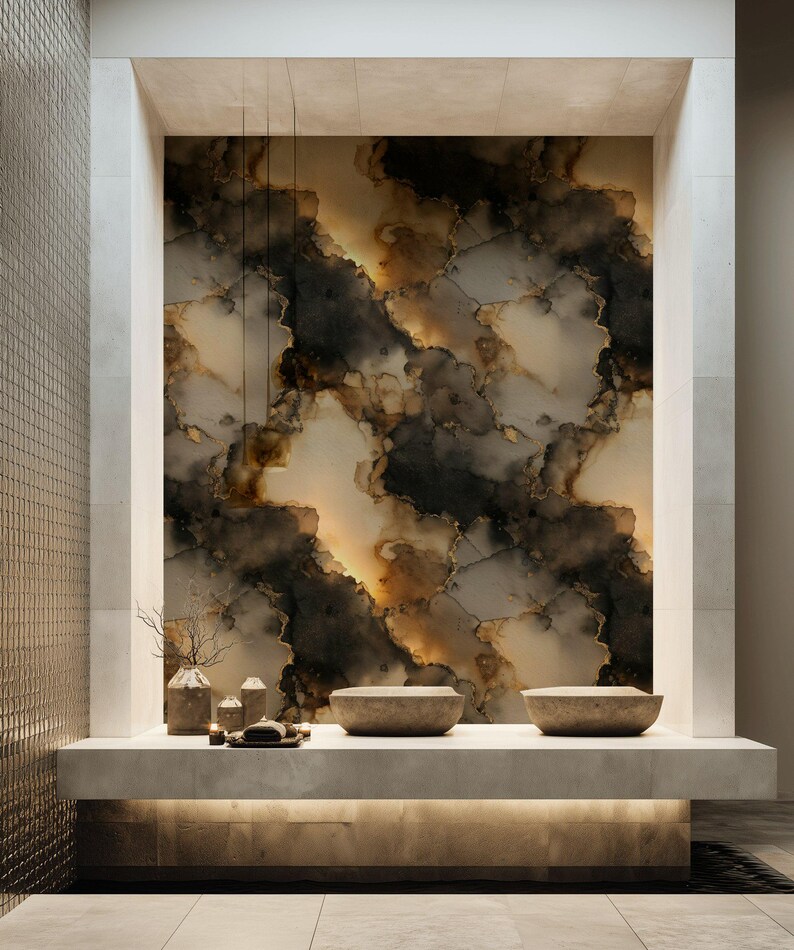 Black Gold Look Marble Peel and Stick Wallpaper Abstract Mural Textured ...