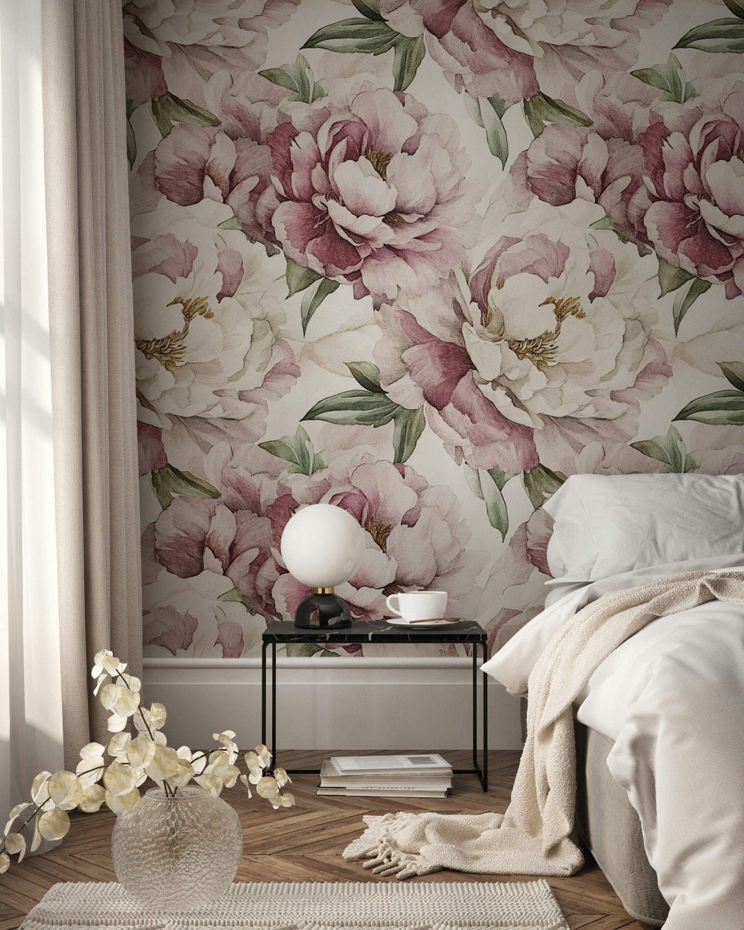 Blush Pink Peony Wallpaper Soft Floral Peel and Stick Wall Mural ...