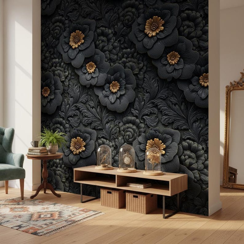 Floral Wallpaper Peel and Stick Black Mural Gold Wall Decor - Etsy