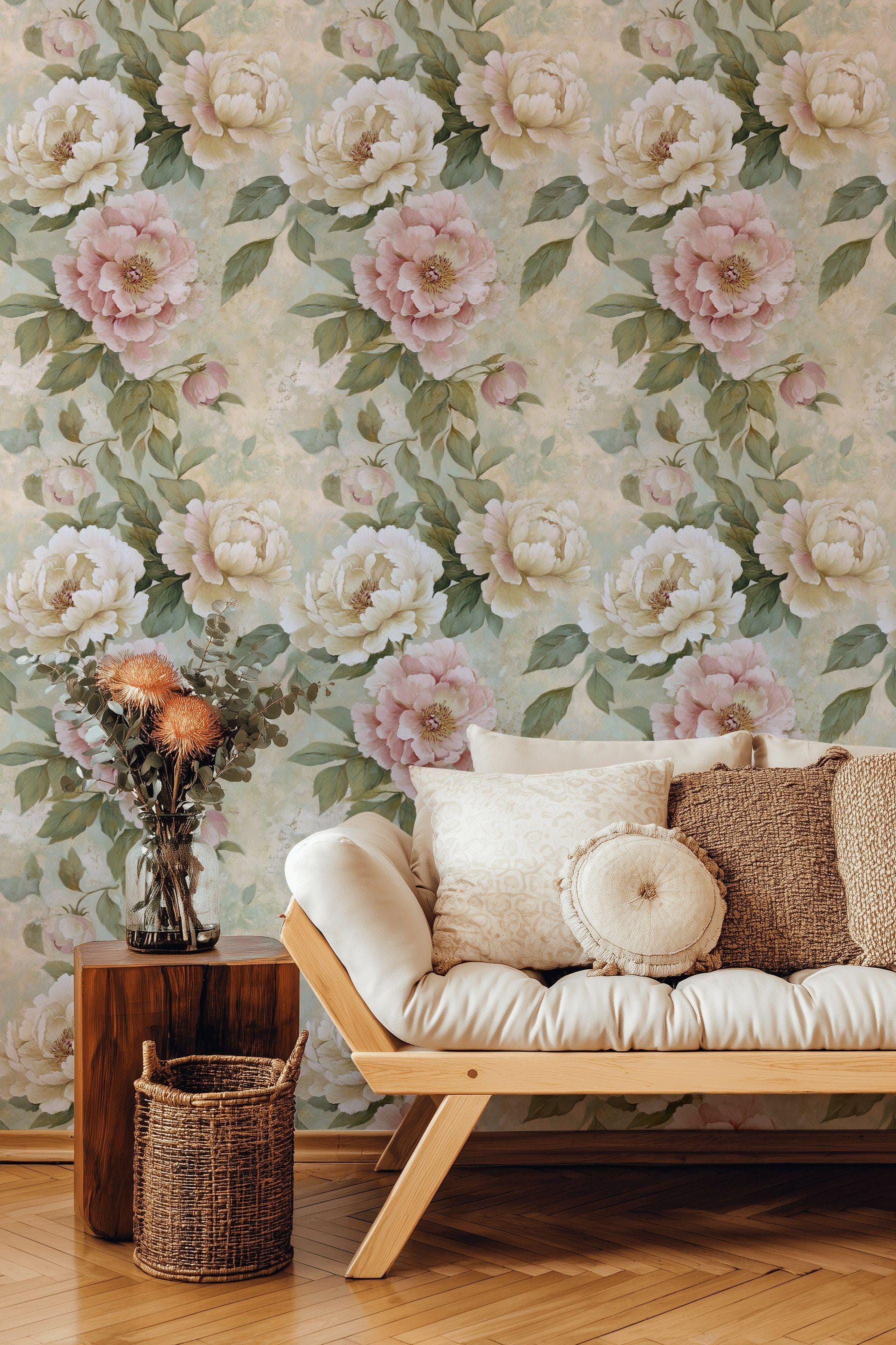 Vintage Peony Peel and Stick Wallpaper Floral Mural Cottage Wall Decor ...