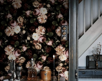 Dark Peony Floral Wallpaper Peel and Stick Peonies Wall Mural Dark Background Flowers Wall Art