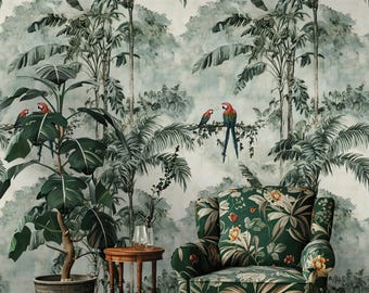 May include: A room scene featuring a tropical theme. The wallpaper depicts a jungle scene with palm trees and parrots. A green armchair with floral patterns sits next to a small wooden table. A potted plant is in the foreground.