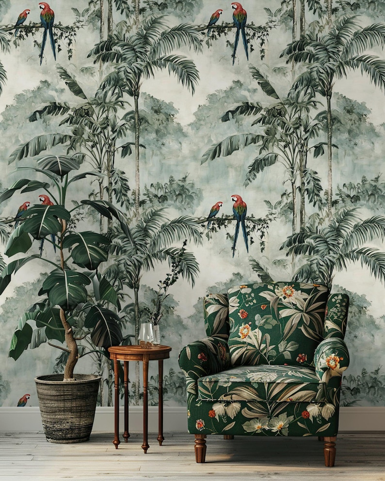 Exotic Green Jungle Parrots Wallpaper, Tropical Peel and Stick Mural ...