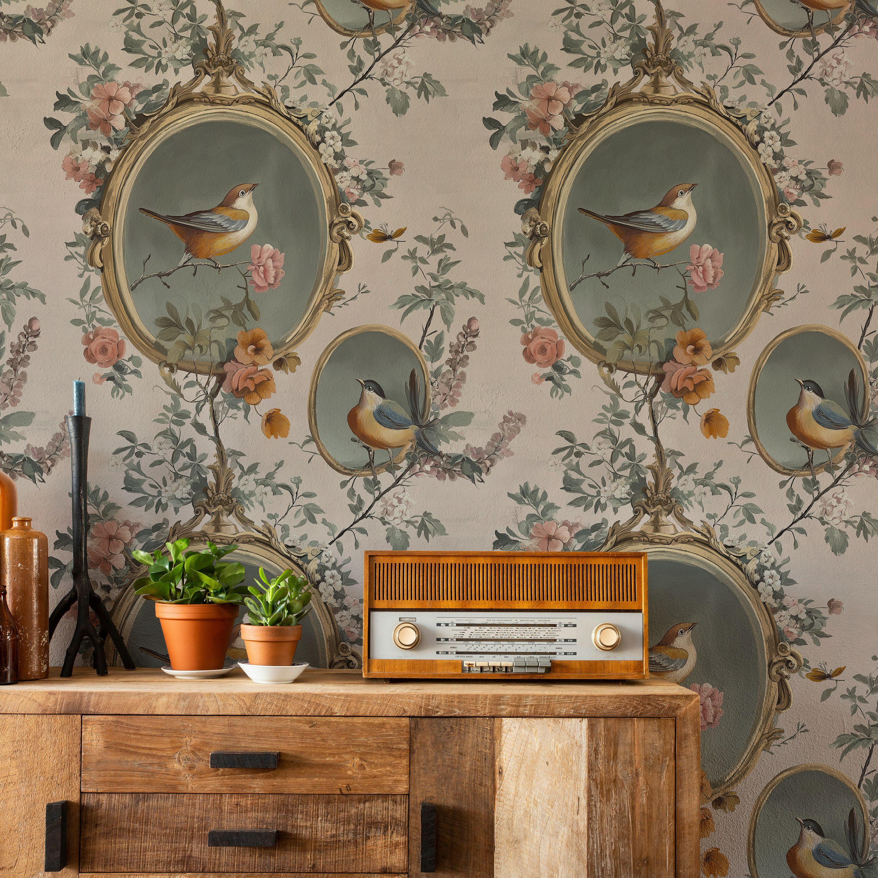 Vintage Bird Art Wallpaper Romantic Floral Design Peel and Stick ...
