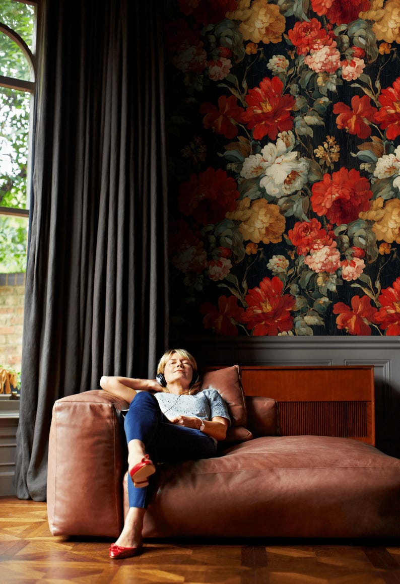 Vintage Floral Peel and Stick Wallpaper Red Poppy Mural Dark Garden ...