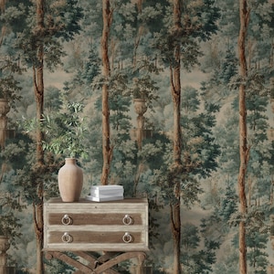 Papel pintado con estampado de paisaje clásico sereno, árboles altos y frondosos, mural autoadhesivo, mural de pared de estilo vintage.