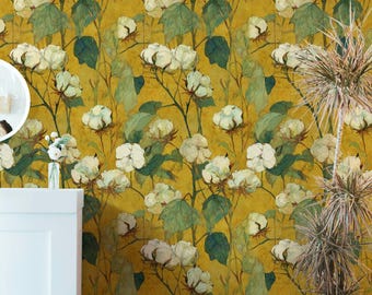 Papel pintado autoadhesivo con diseño de flores de algodón, mural botánico amarillo, decoración rústica de pared.