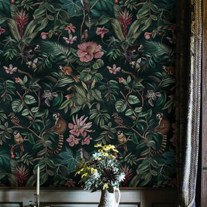 Dark Botanical Jungle Wallpaper Peel and Stick - Exotic Animals, Tropical Plants, Birds, and Flowers Mural