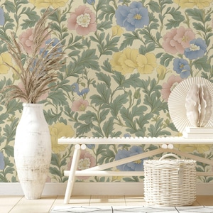 Carta da parati Vintage Botanical Elegance - Murale floreale pastello